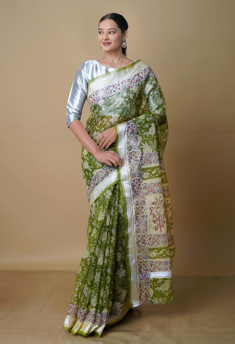 Olive Green Pure  Kota Block Printed Cotton Saree-UNM70338