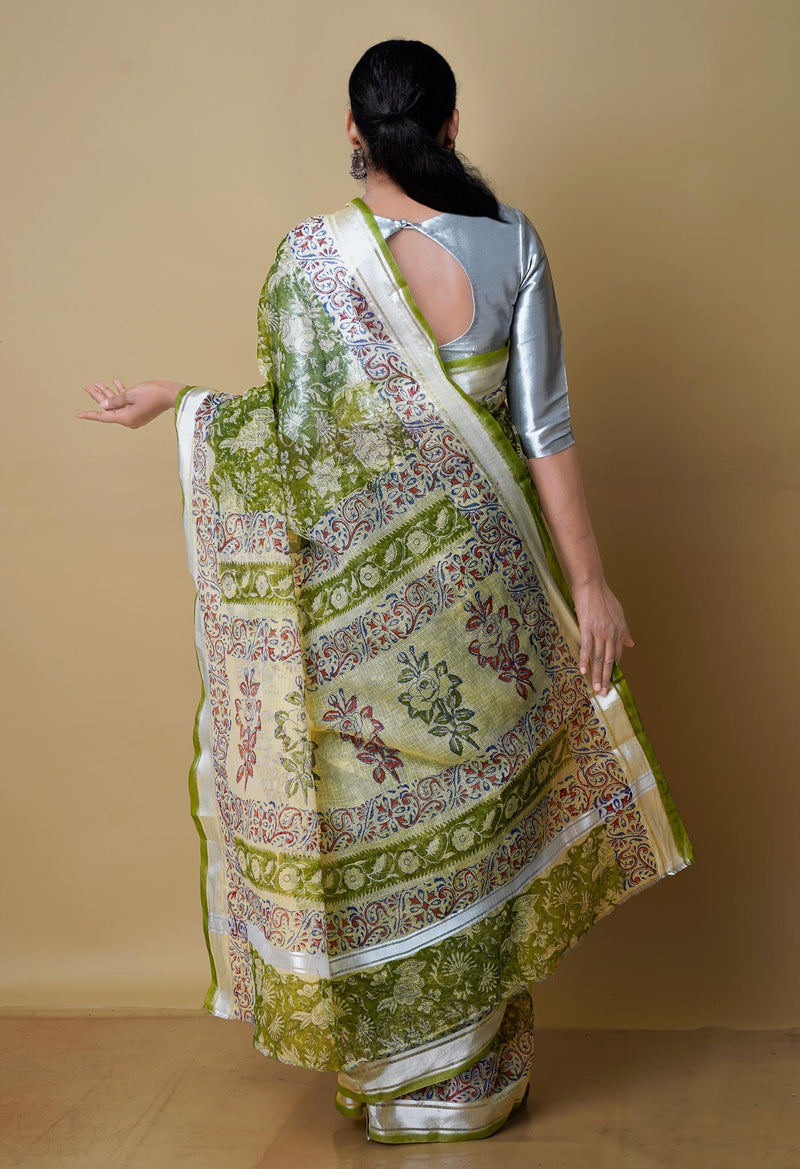 Olive Green Pure  Kota Block Printed Cotton Saree-UNM70338