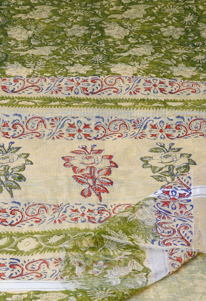 Olive Green Pure  Kota Block Printed Cotton Saree-UNM70338