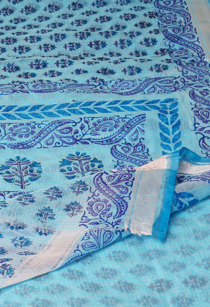 Light Blue Pure  Kota Block Printed Cotton Saree-UNM70339
