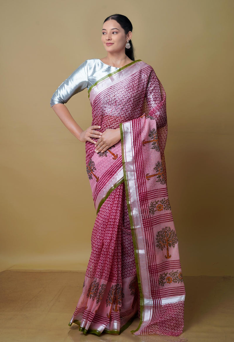 Dark Pink Pure  Kota Block Printed Cotton Saree-UNM70340
