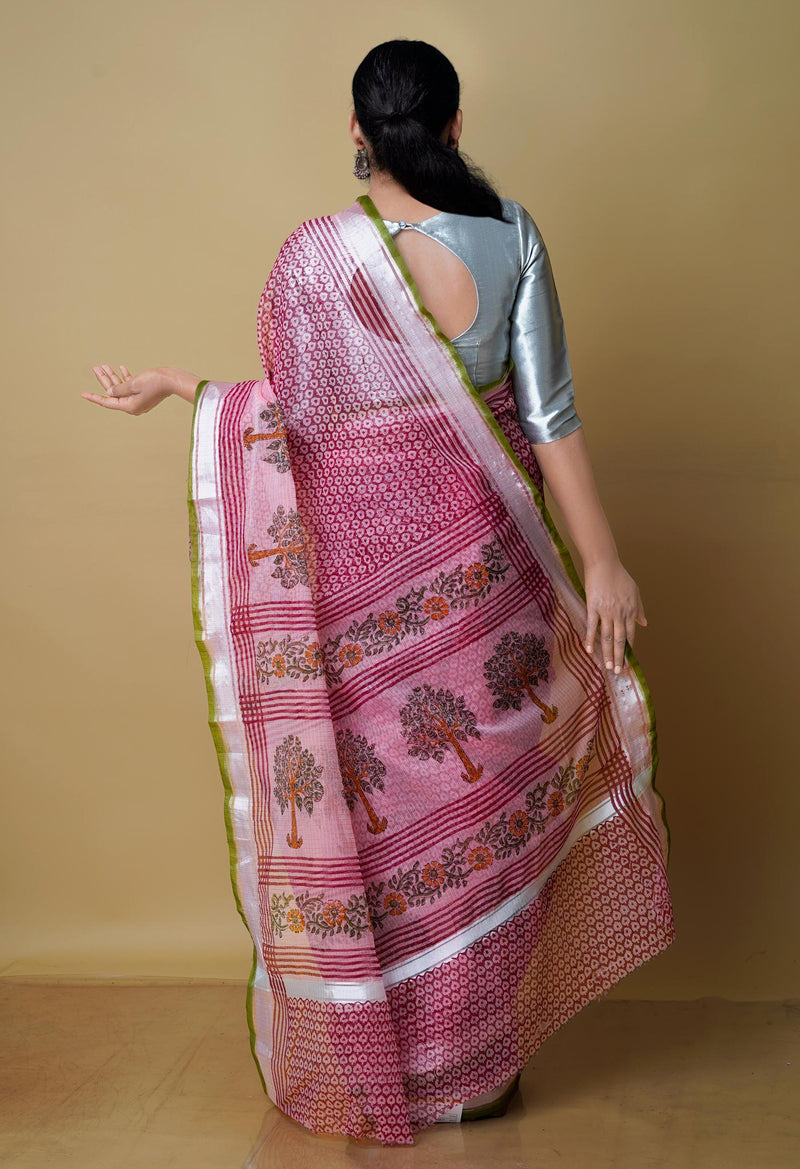 Dark Pink Pure  Kota Block Printed Cotton Saree-UNM70340