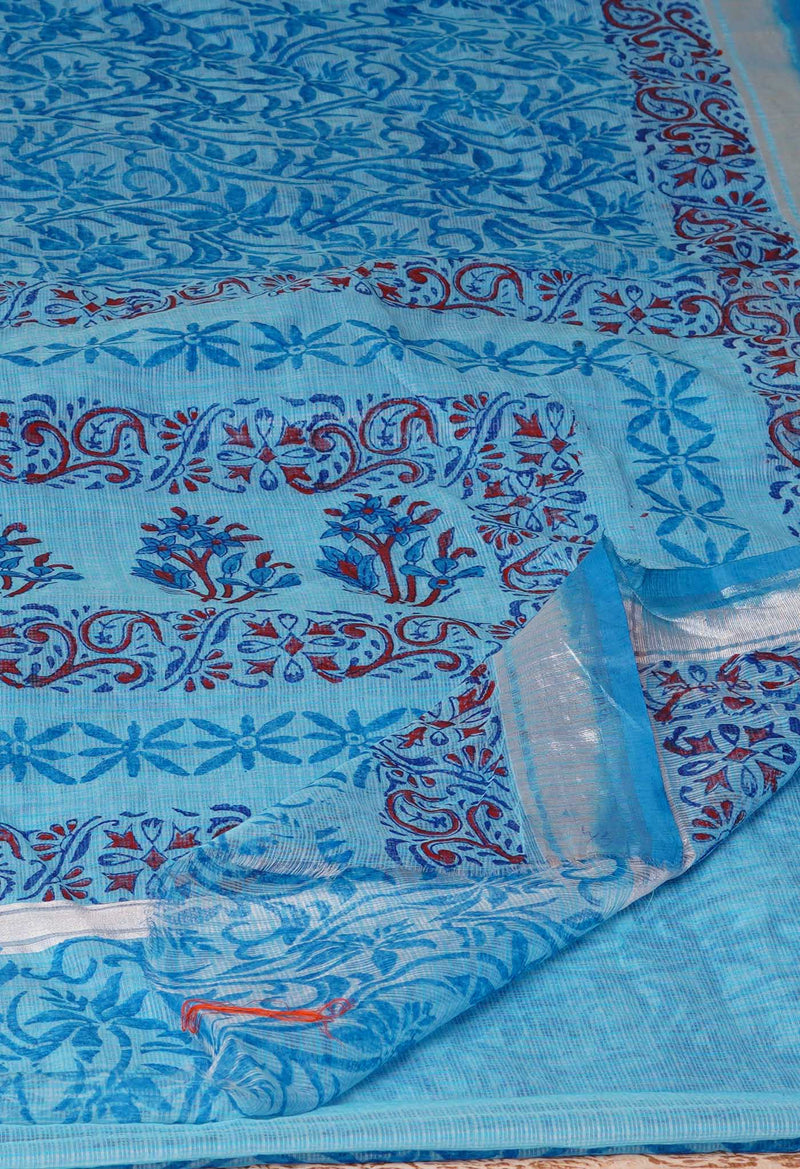 Sky Blue Pure  Kota Block Printed Cotton Saree-UNM70342