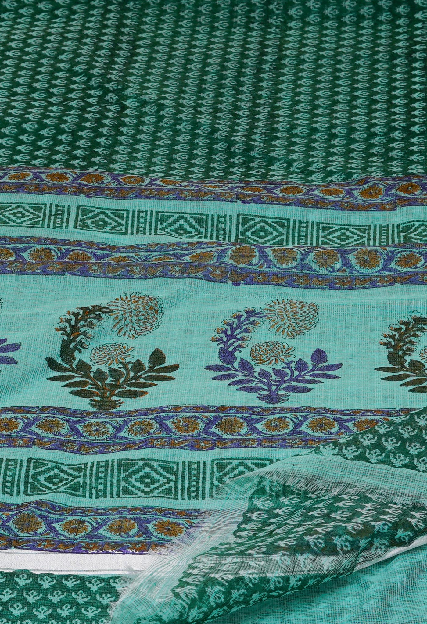 Teal Green Pure  Kota Block Printed Cotton Saree-UNM70343