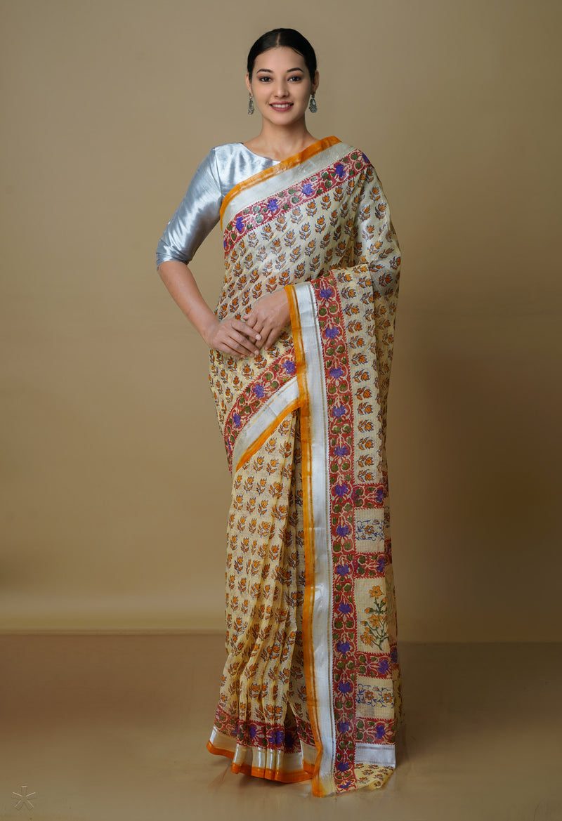 Light Yellow Pure  Kota Block Printed Cotton Saree-UNM70346