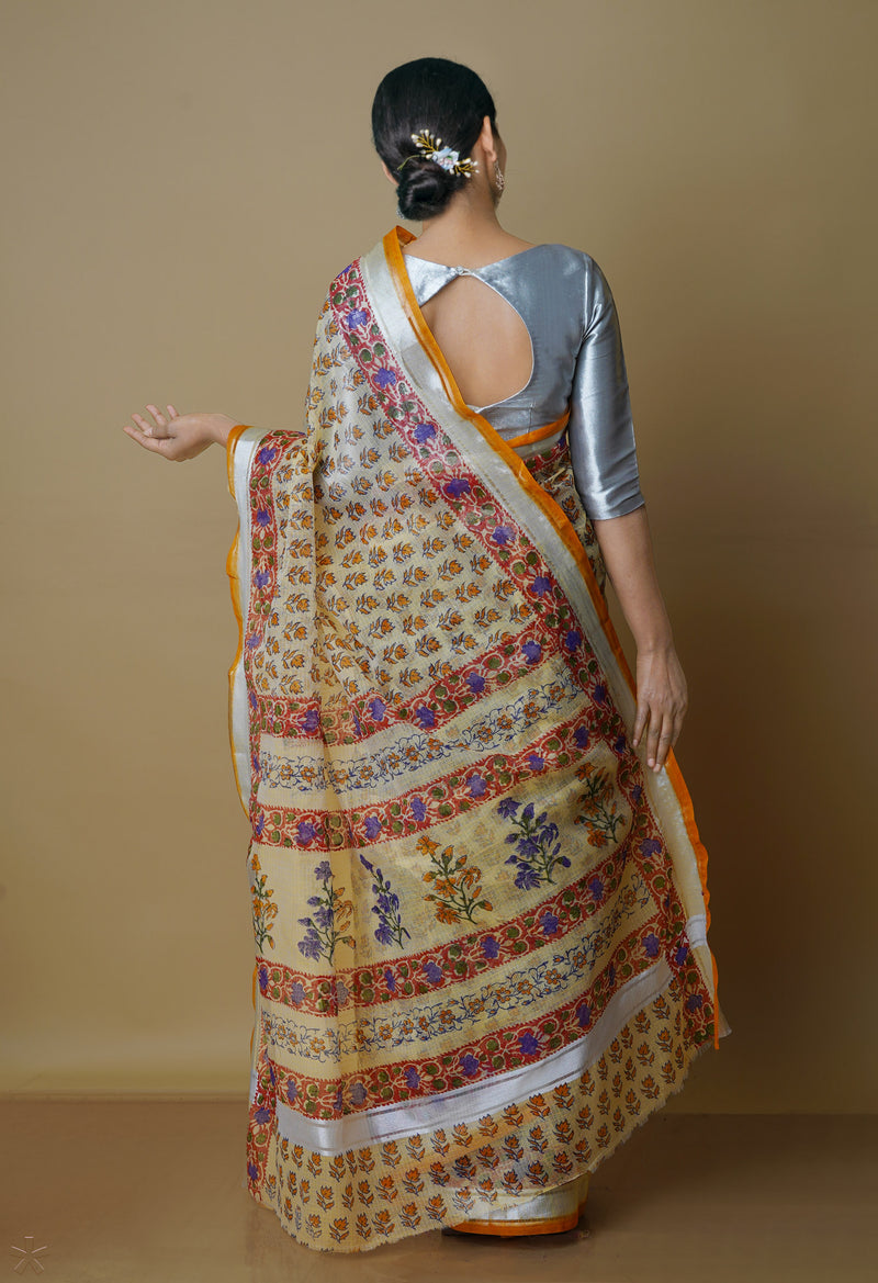Light Yellow Pure  Kota Block Printed Cotton Saree-UNM70346