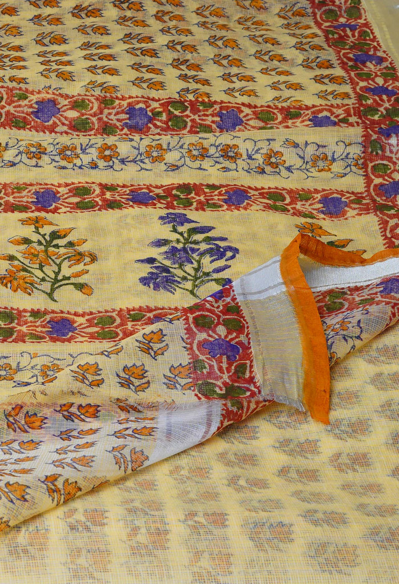 Light Yellow Pure  Kota Block Printed Cotton Saree-UNM70346