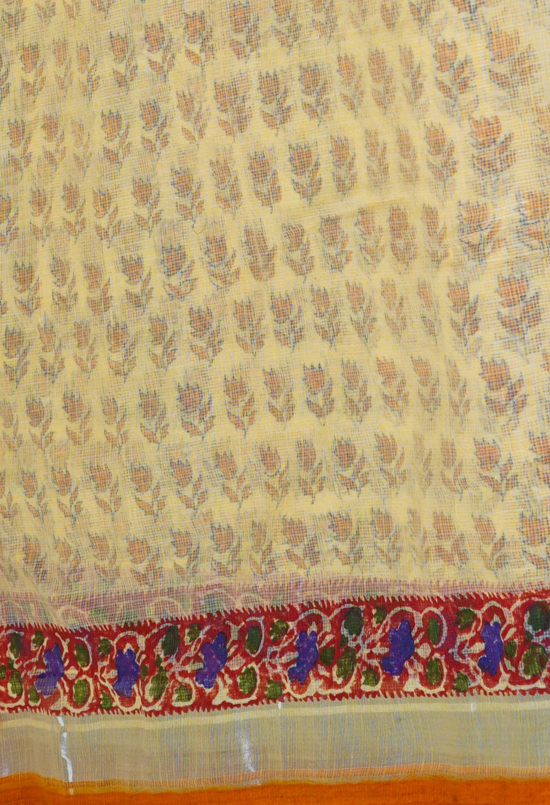 Light Yellow Pure  Kota Block Printed Cotton Saree-UNM70346