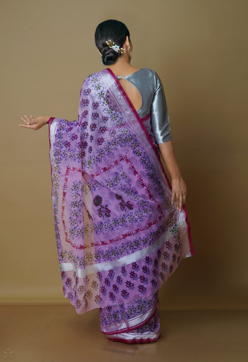 Baby Pink Pure  Kota Block Printed Cotton Saree-UNM70347