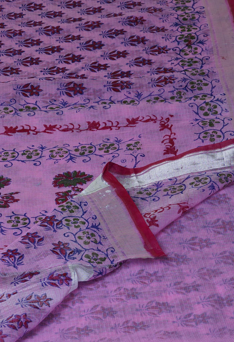 Baby Pink Pure  Kota Block Printed Cotton Saree-UNM70347