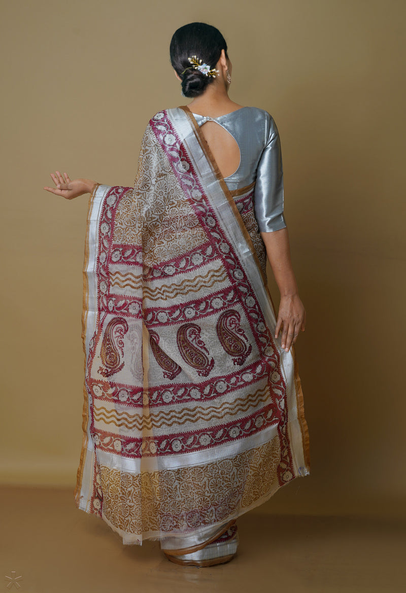 Cream Pure  Kota Block Printed Cotton Saree-UNM70348