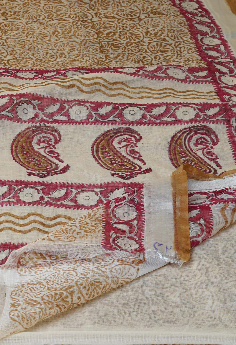 Cream Pure  Kota Block Printed Cotton Saree-UNM70348