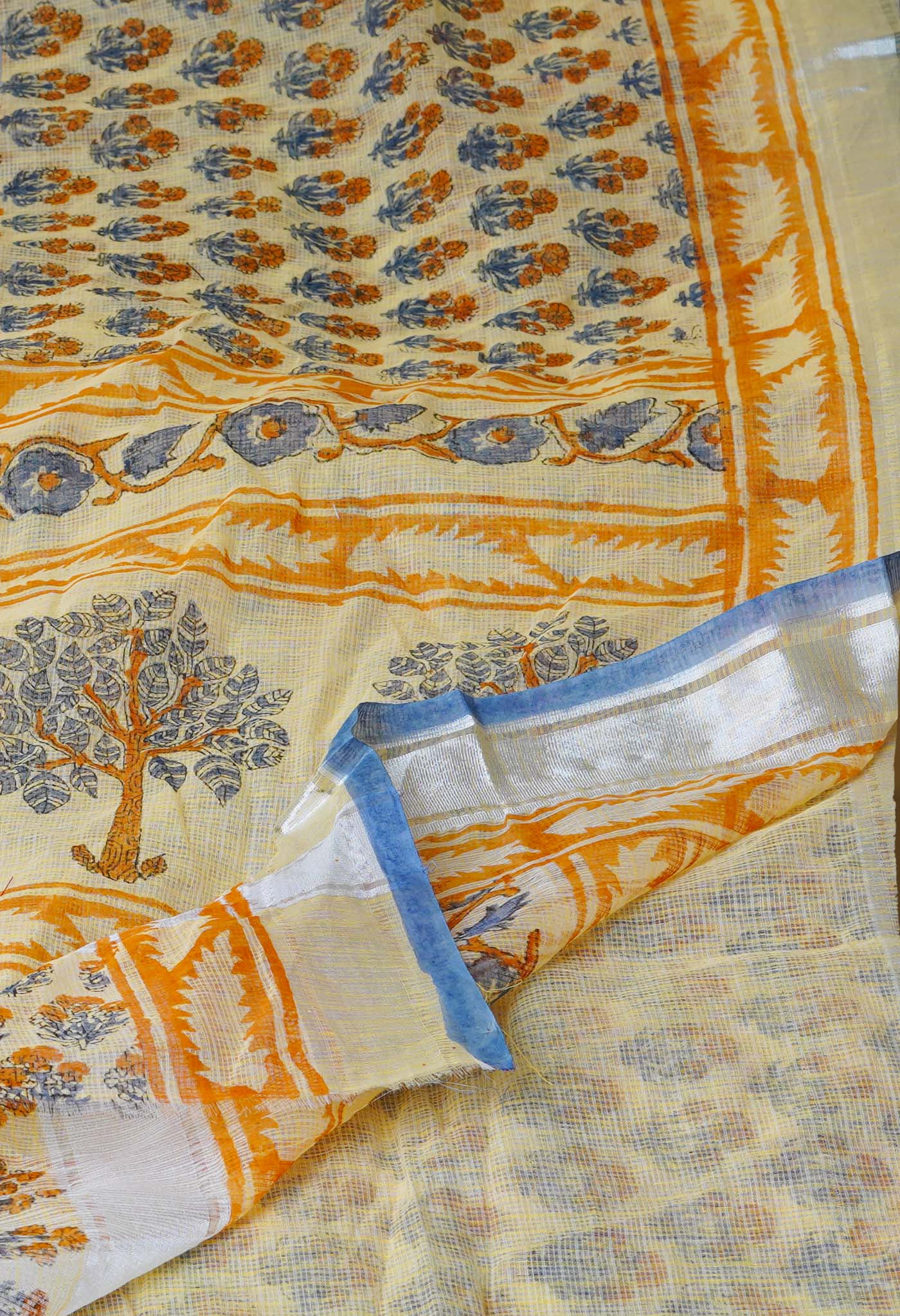 Light Yellow Pure  Kota Block Printed Cotton Saree-UNM70353