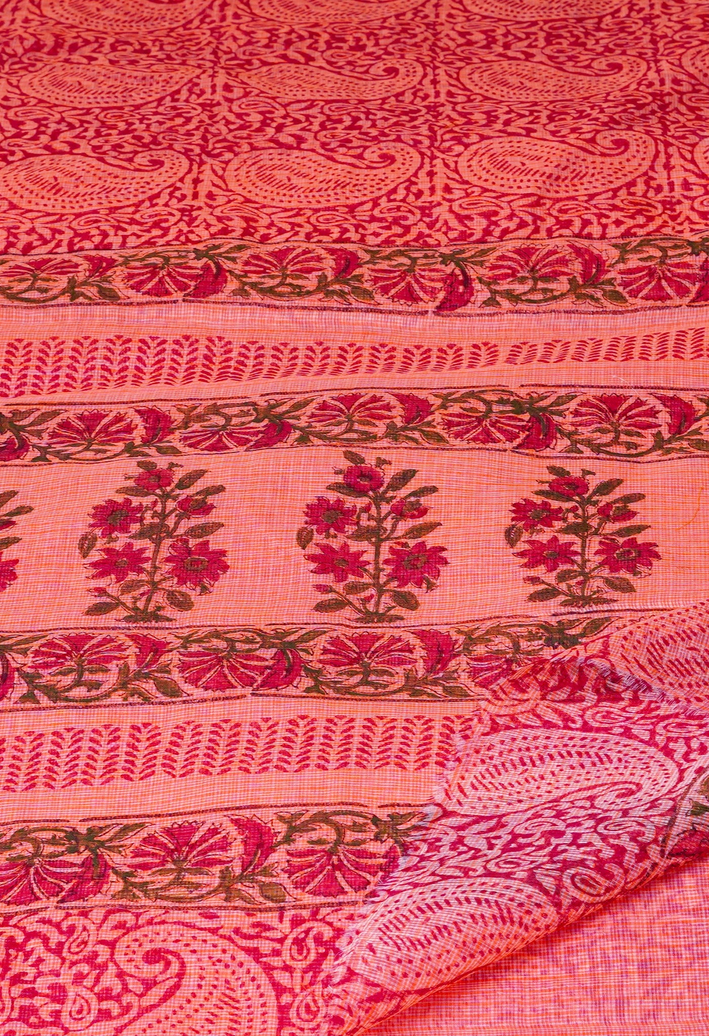 Peach Red Pure  Kota Block Printed Cotton Saree-UNM70356