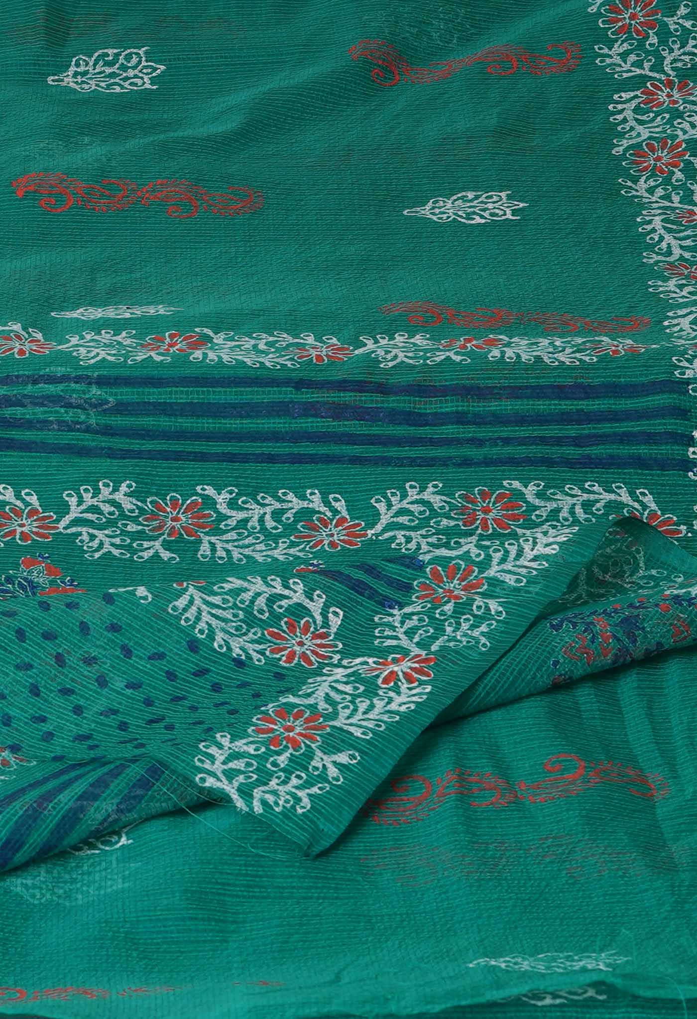 Green  Block Printed Meghalaya Checks Supernet Saree-UNM70359