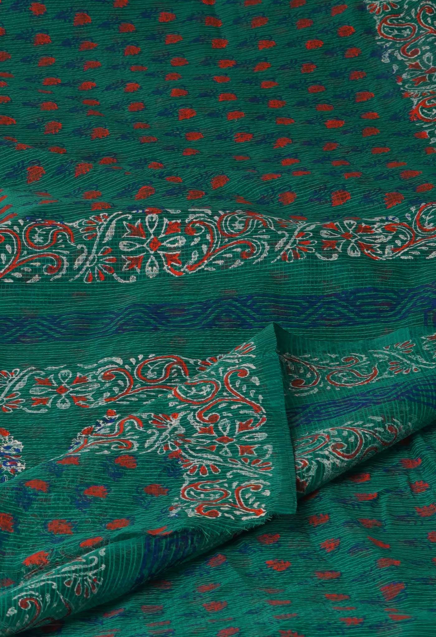 Green Block Printed Meghalaya Checks Supernet Saree-UNM70361