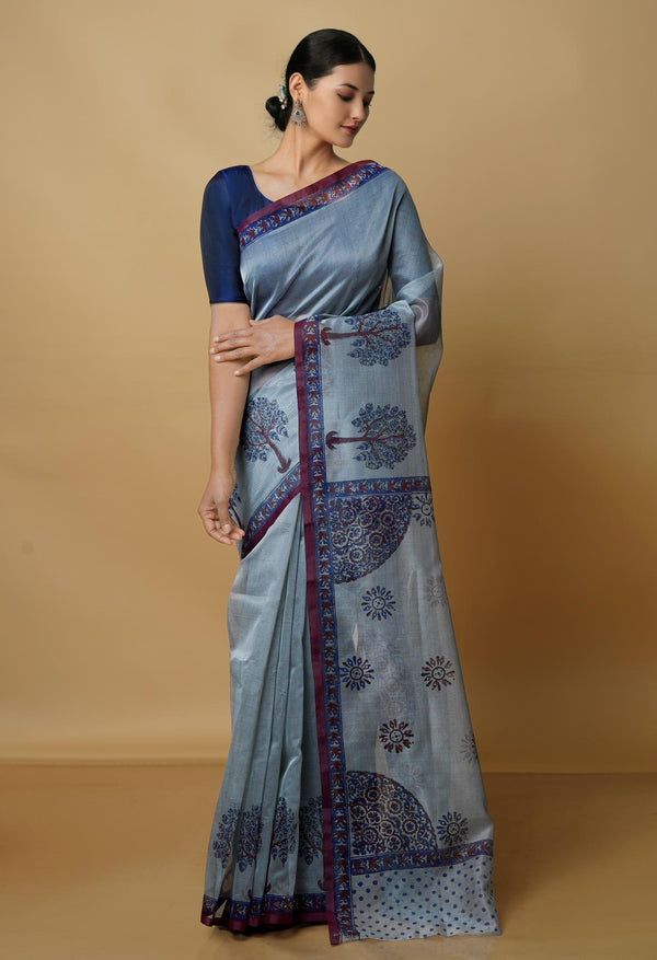 Grey  Banarasi Block Printed Meghalaya  Cotton Silk Saree-UNM70370