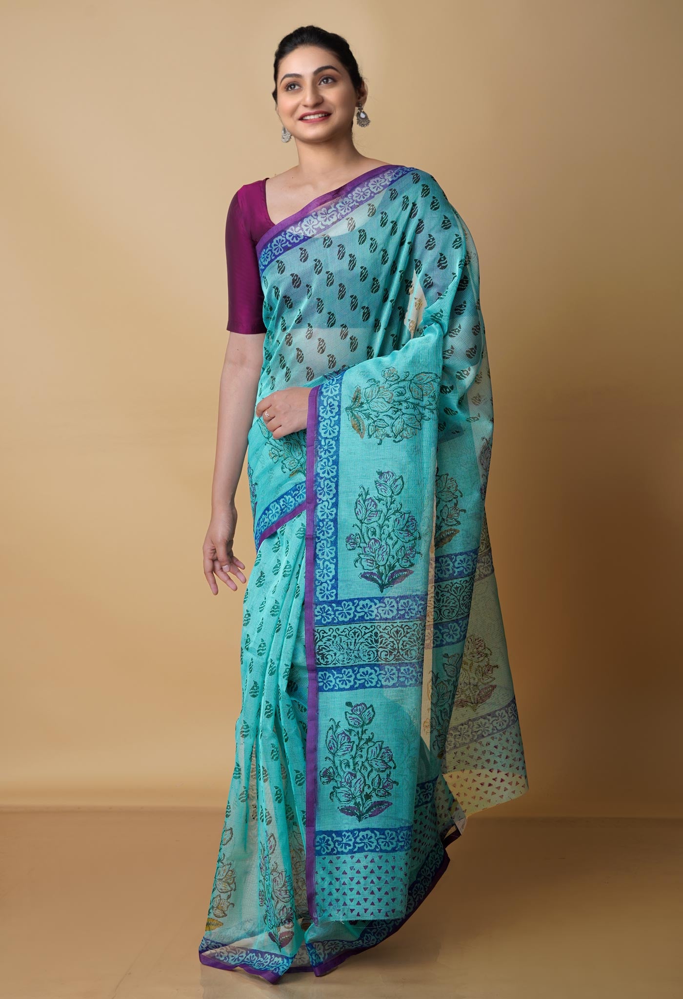 Tiffany Blue Block Printed Meghalaya  Supernet Saree-UNM70385