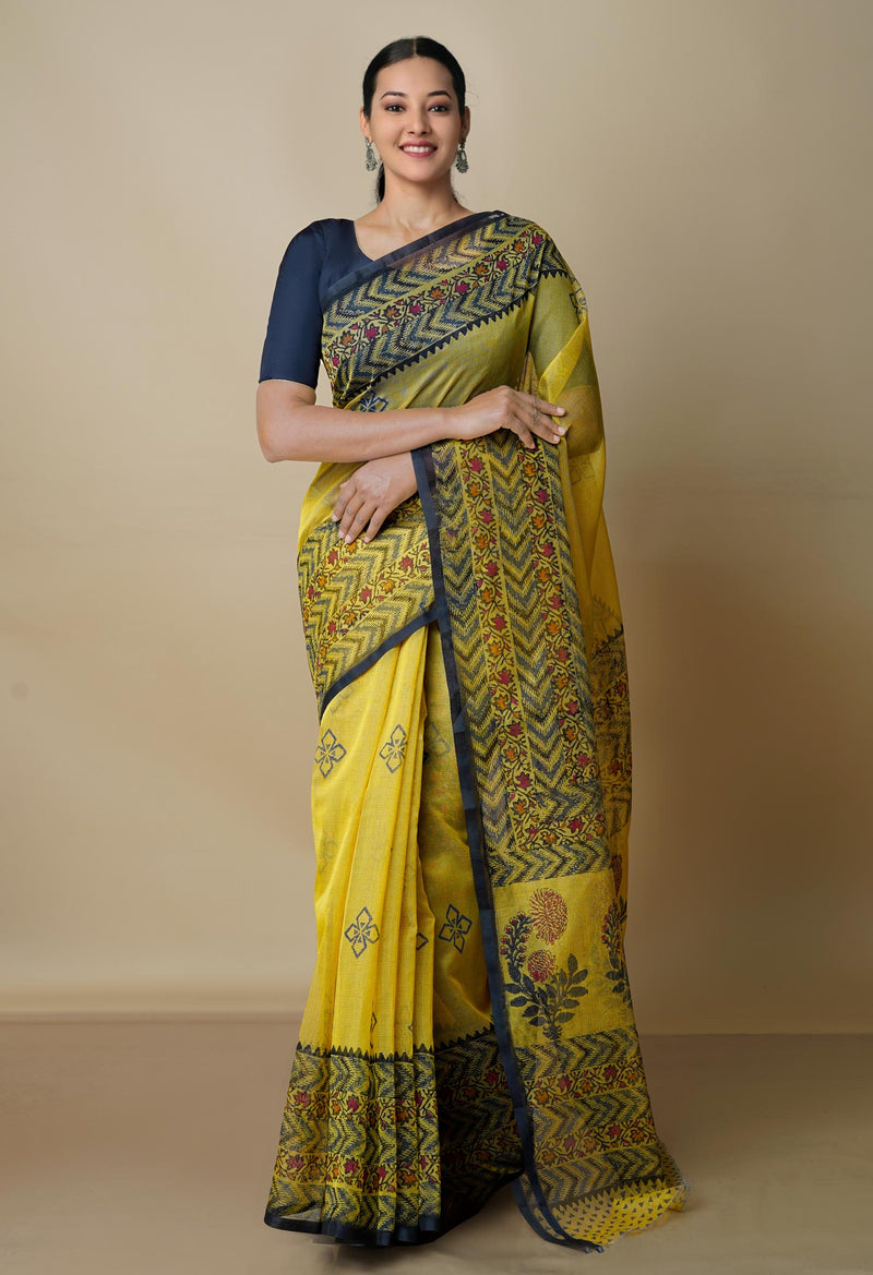 Buttercup Yellow  Block Printed Meghalaya  Supernet Saree-UNM70387