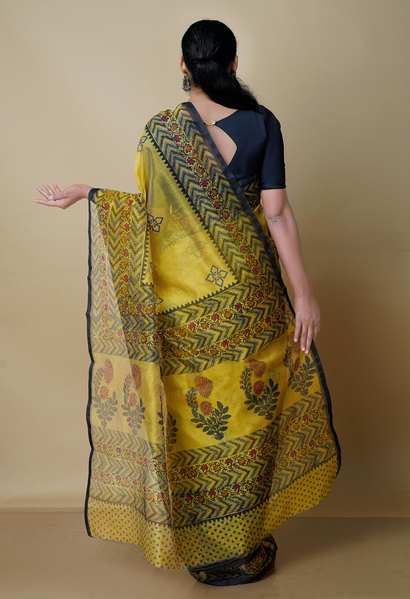 Buttercup Yellow  Block Printed Meghalaya  Supernet Saree-UNM70387