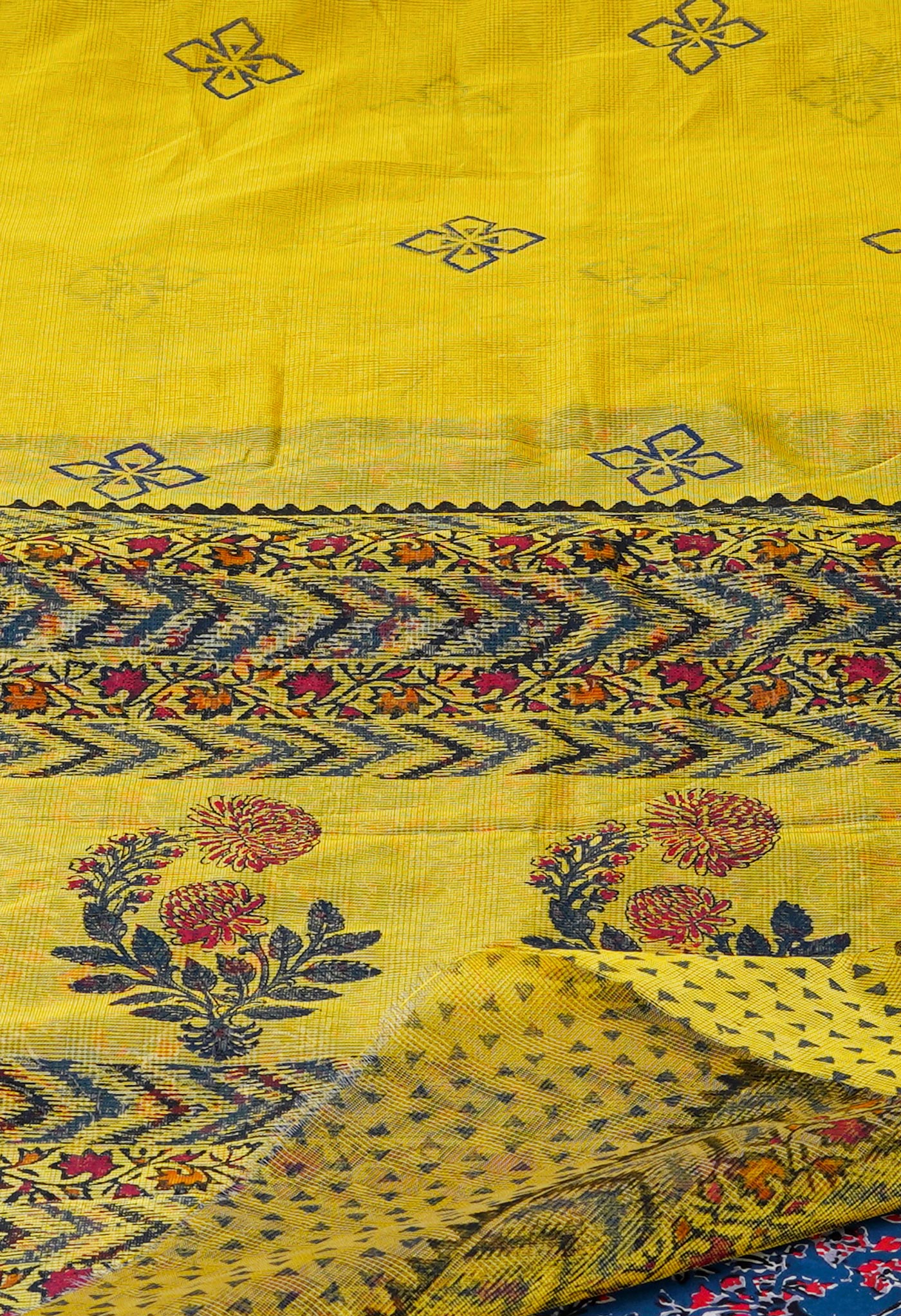 Buttercup Yellow  Block Printed Meghalaya  Supernet Saree-UNM70387