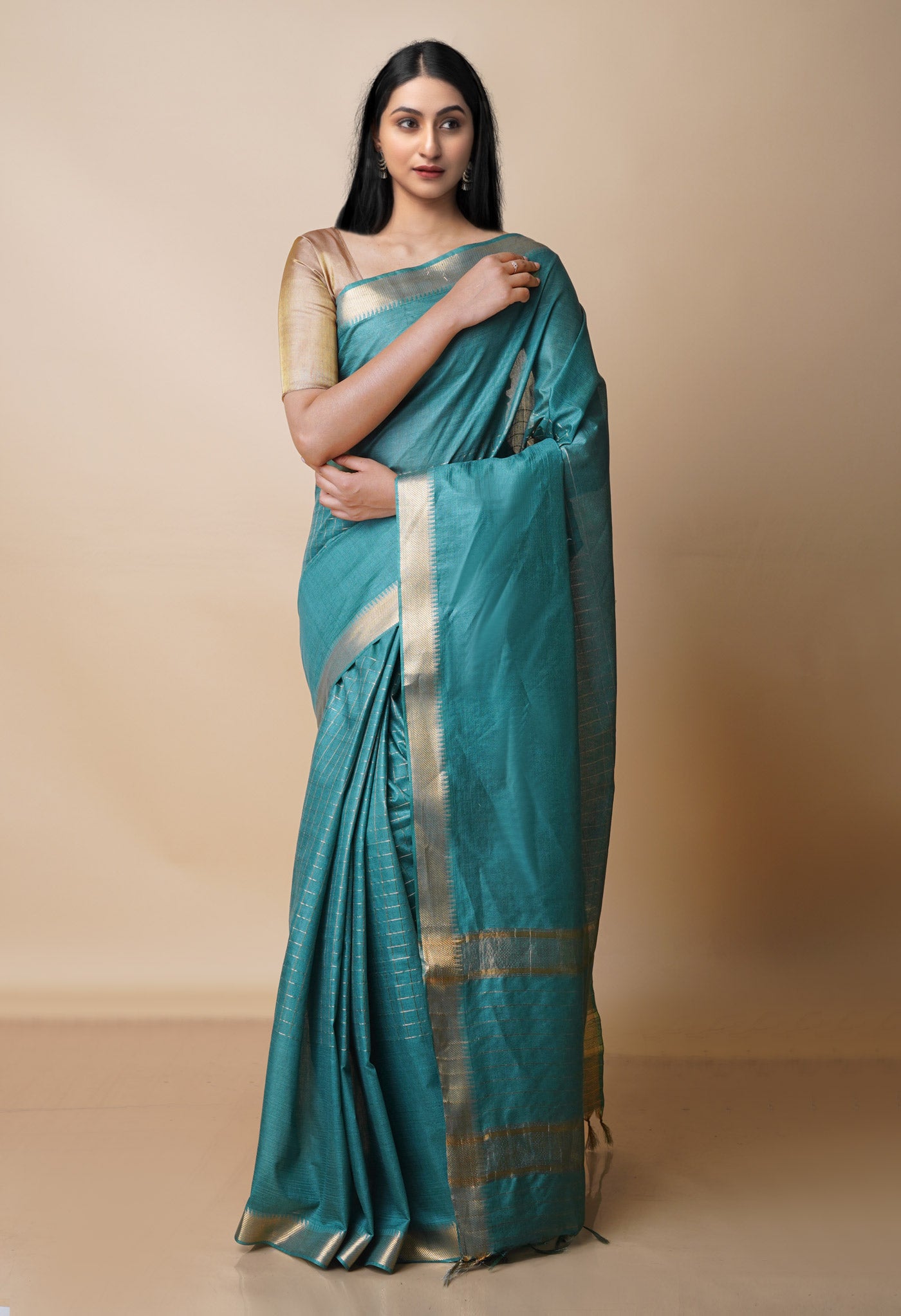 Teal Green  Mangalagiri Checks Sico Saree-UNM70392