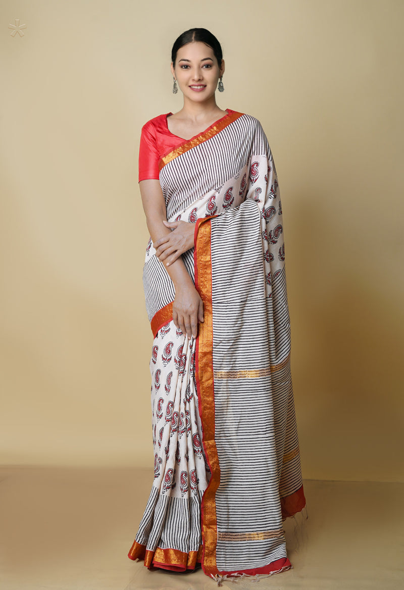 Beige Pure  Preet Bagru Printed Chanderi Soft Silk Saree-UNM70398