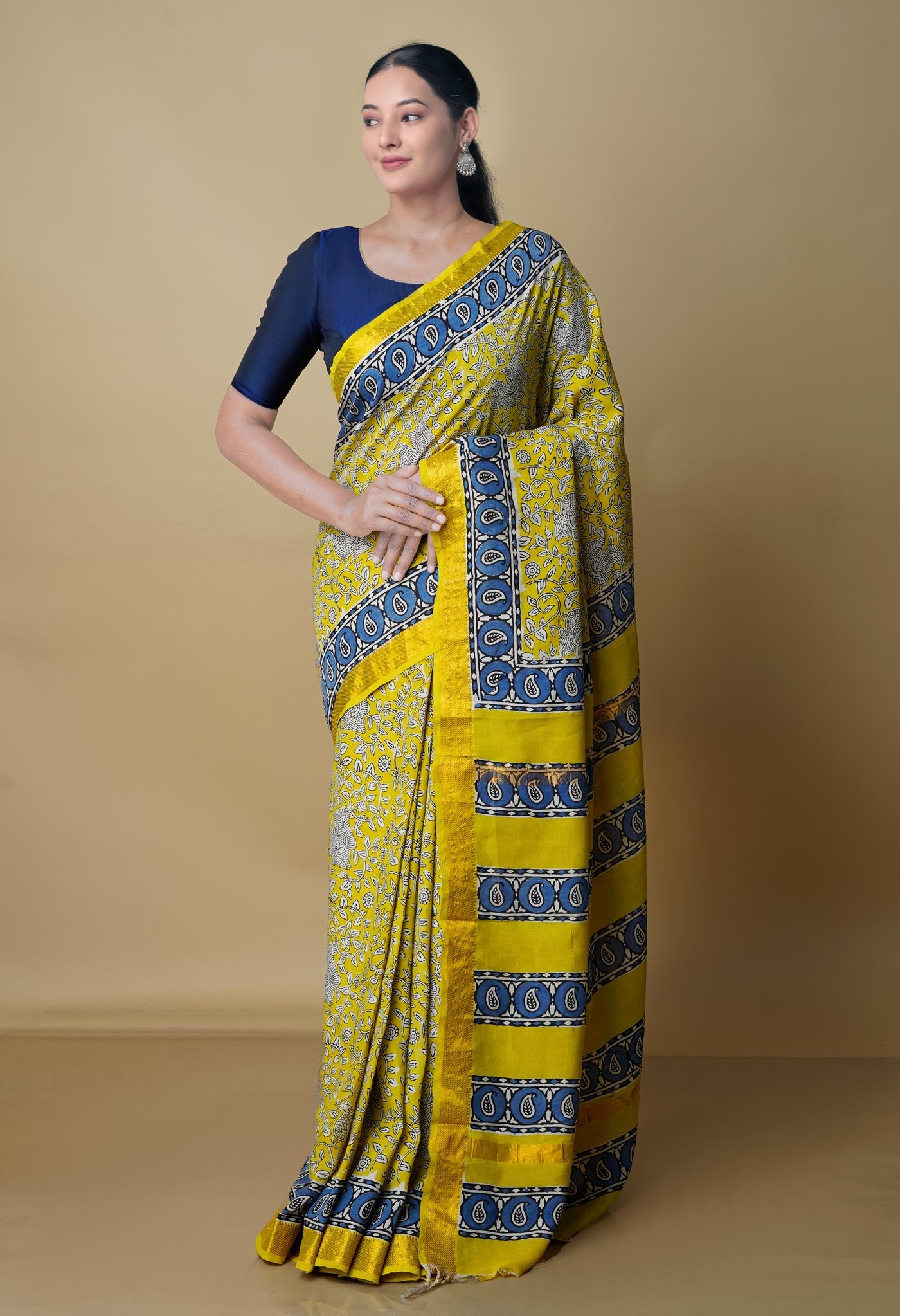 Yellow Pure Preet Bagru Printed Chanderi Soft Silk Saree