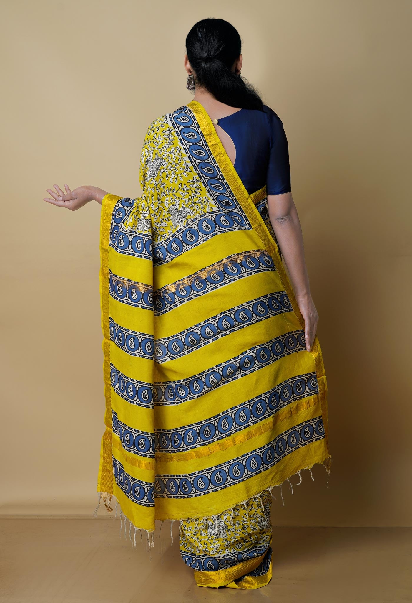 Yellow Pure Preet Bagru Printed Chanderi Soft Silk Saree