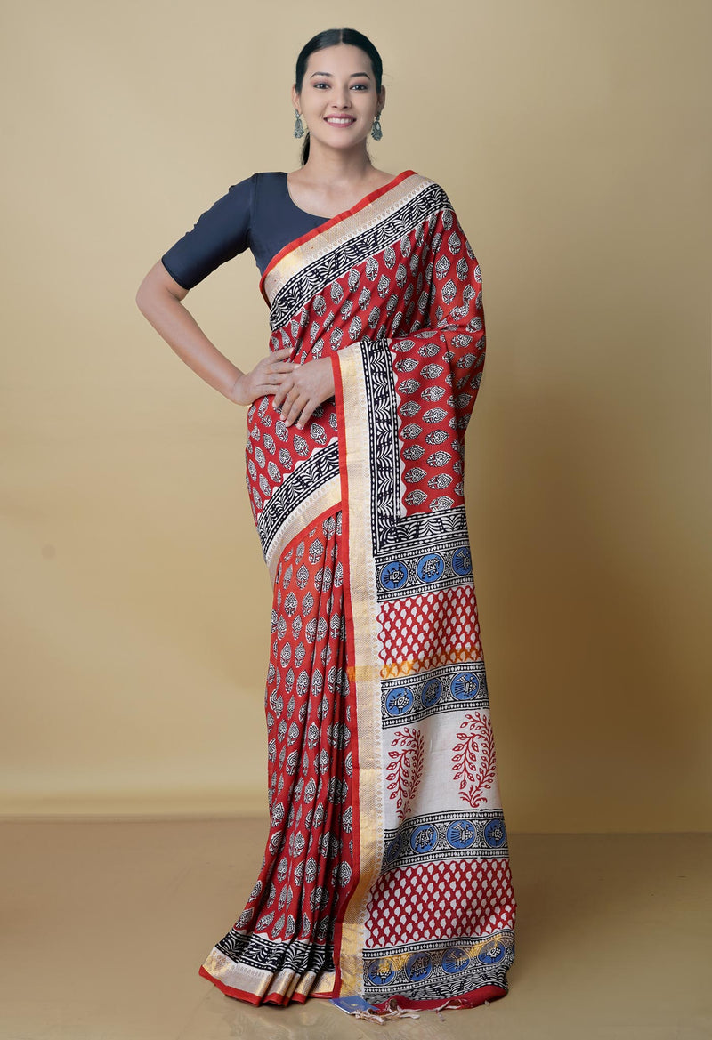 Red Pure  Preet Bagru Printed Chanderi Soft Silk Saree-UNM70407