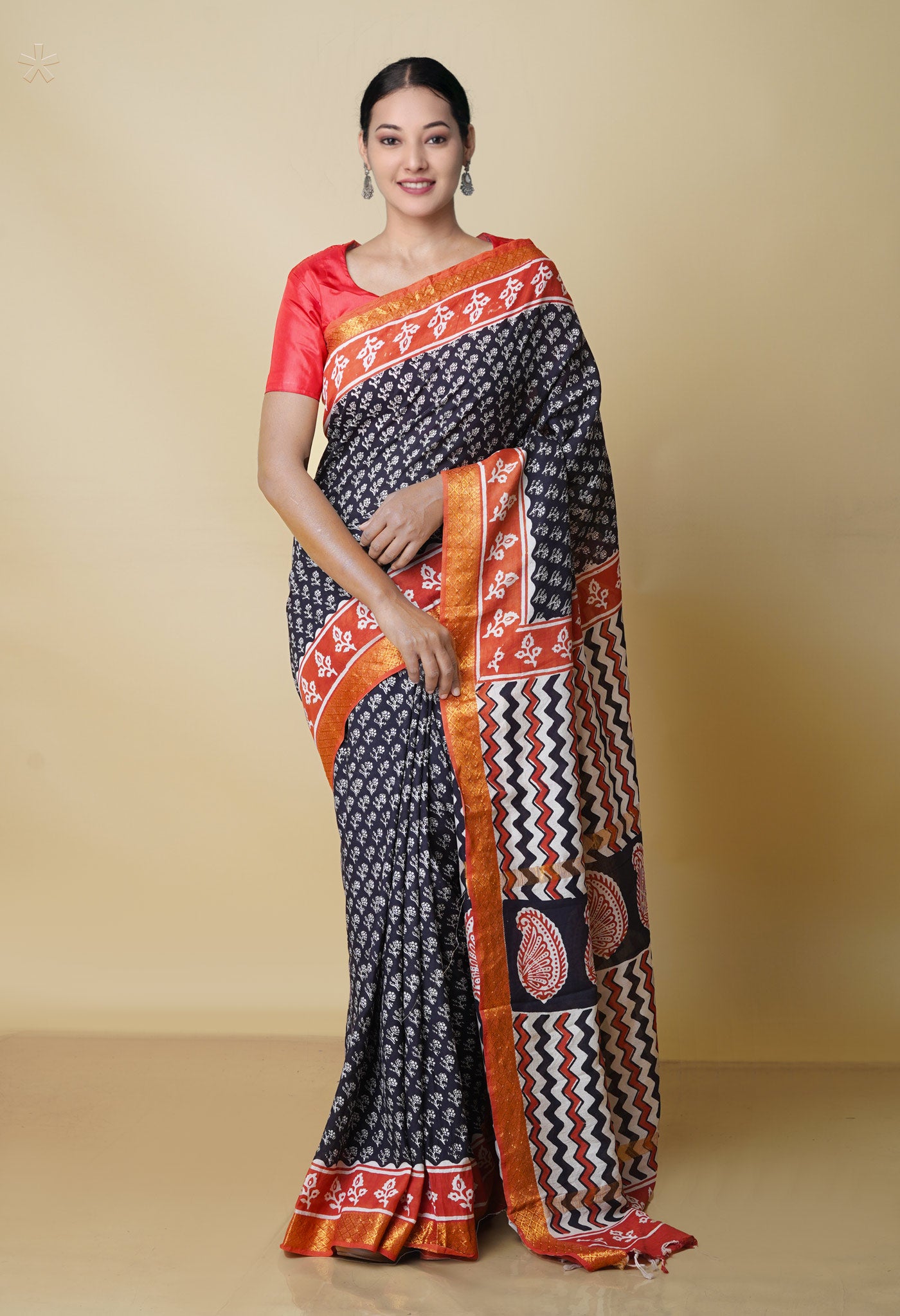 Black Pure  Preet Bagru Printed Chanderi Soft Silk Saree-UNM70411