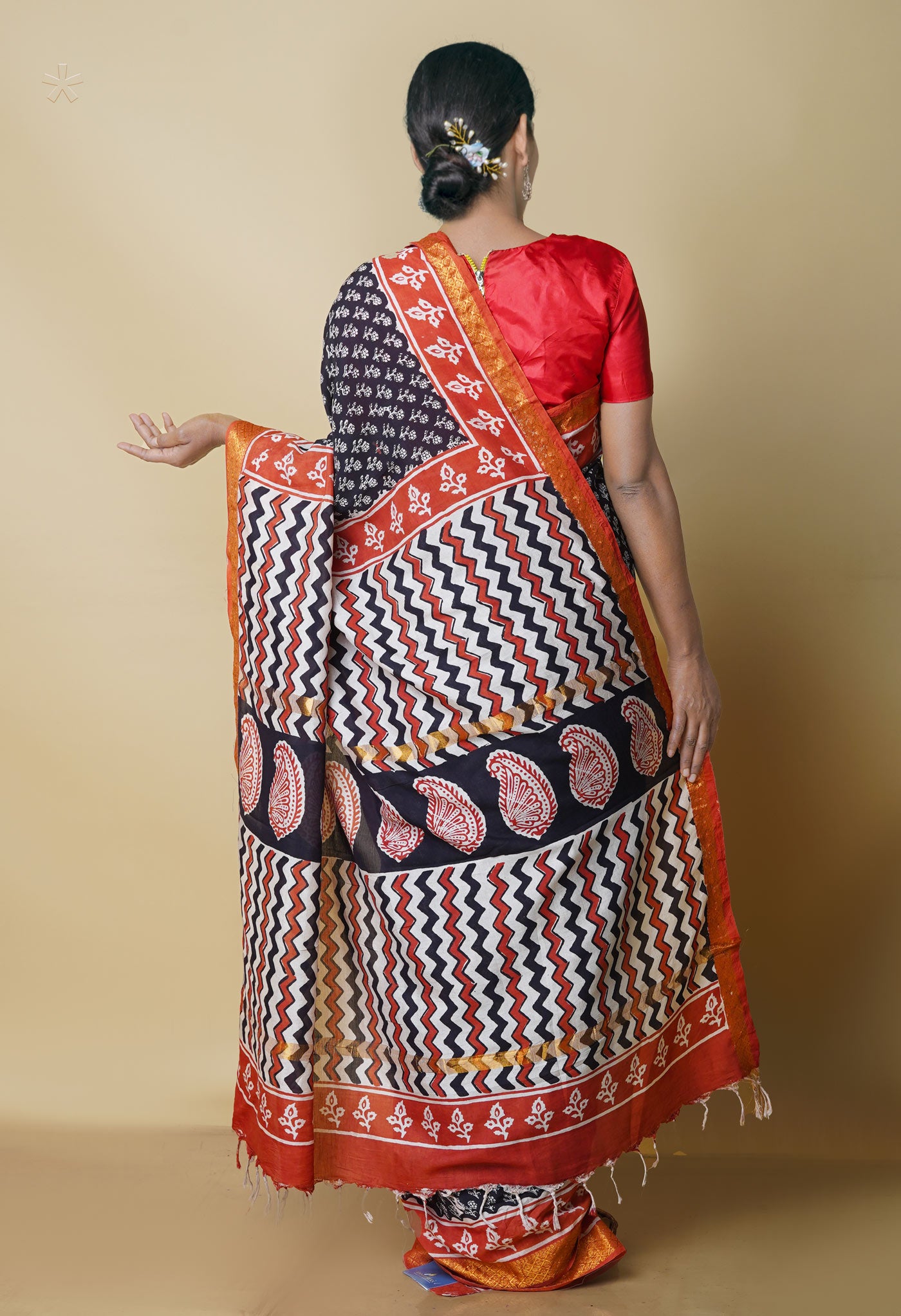 Black Pure  Preet Bagru Printed Chanderi Soft Silk Saree-UNM70411