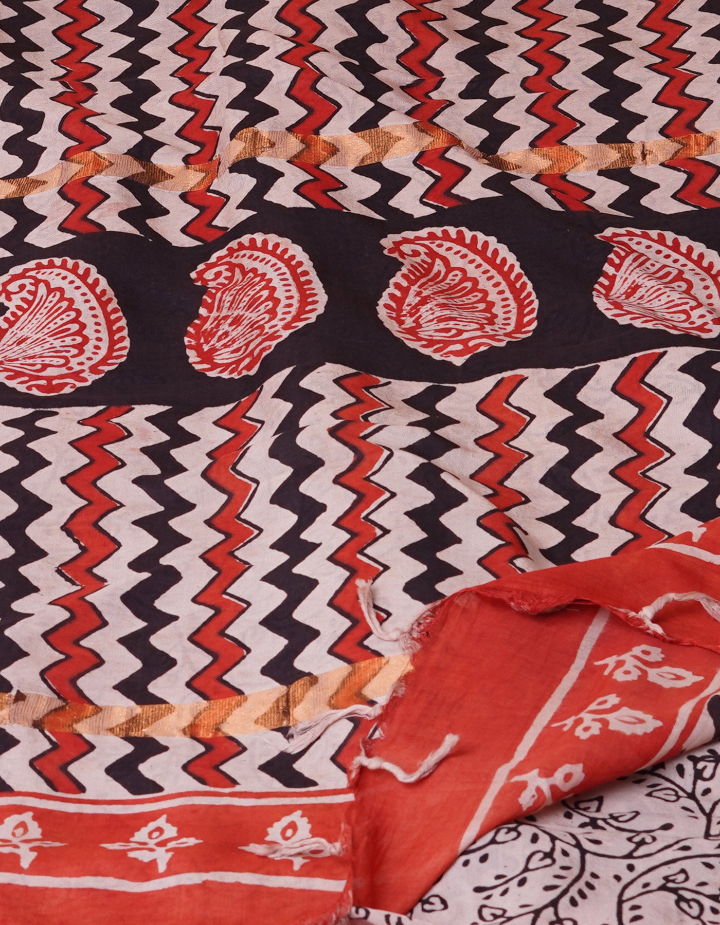Black Pure  Preet Bagru Printed Chanderi Soft Silk Saree-UNM70411