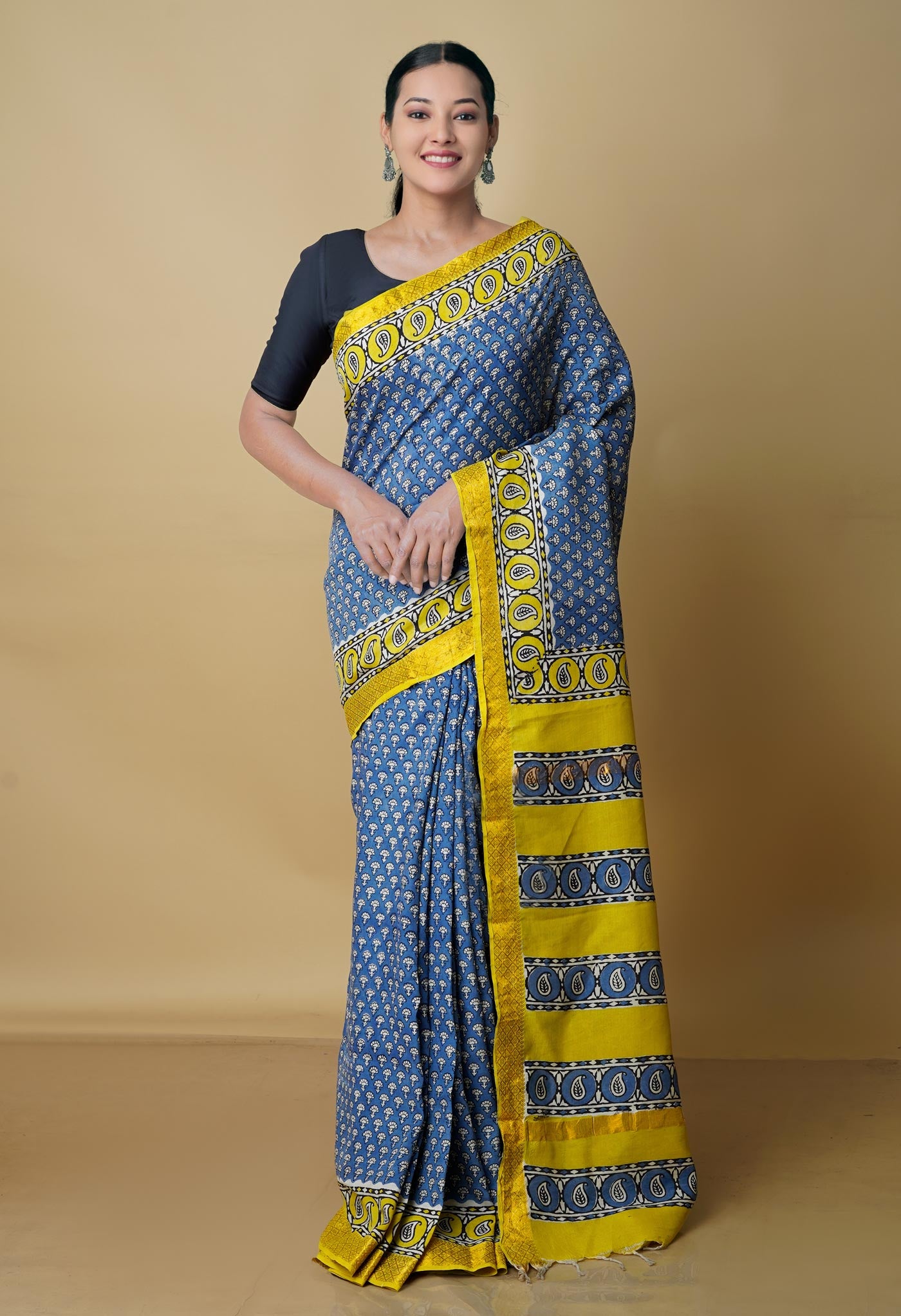 Blue Pure  Preet Bagru Printed Chanderi Soft Silk Saree-UNM70416