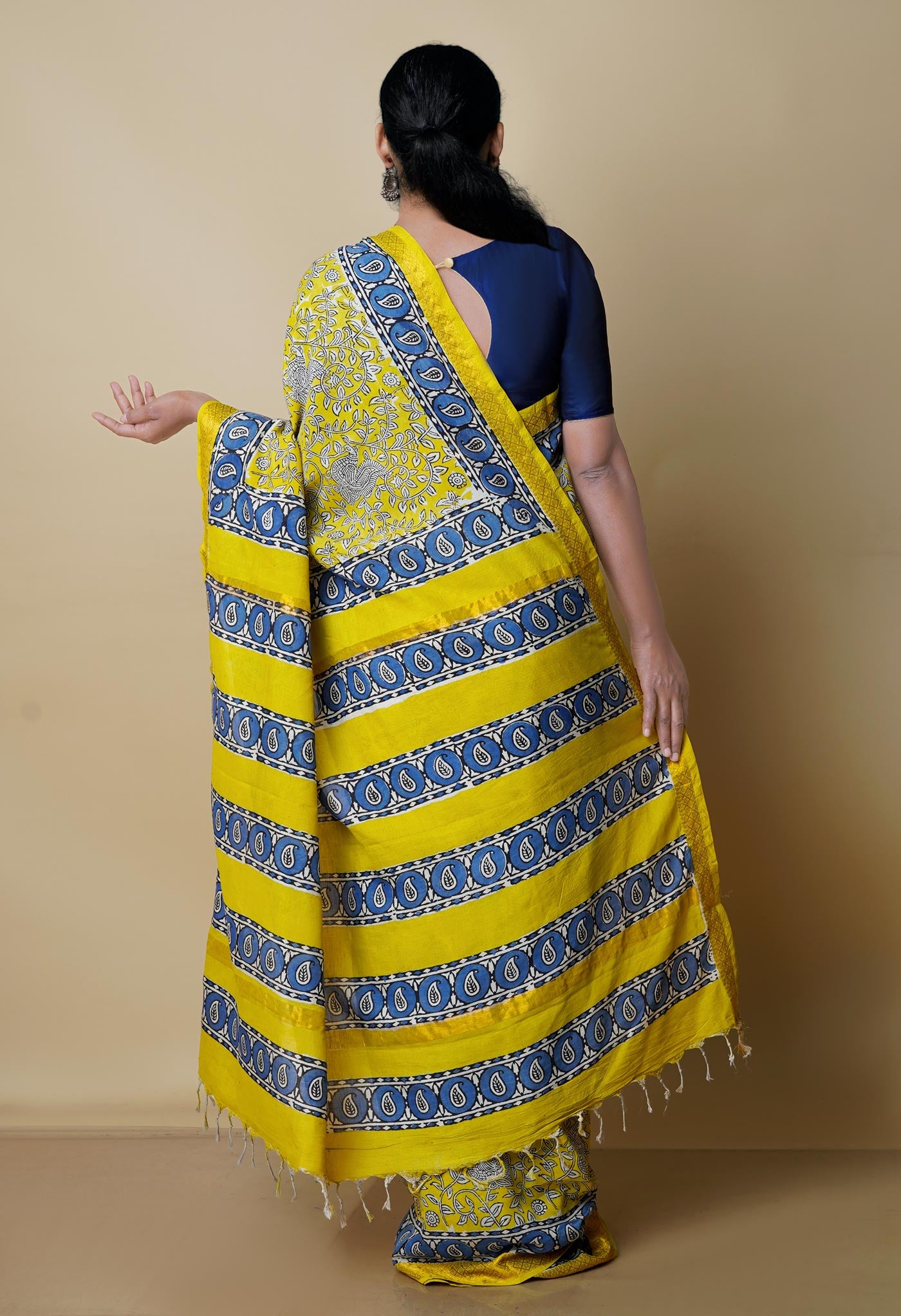 Yellow Pure  Preet Bagru Printed Chanderi Soft Silk Saree-UNM70418