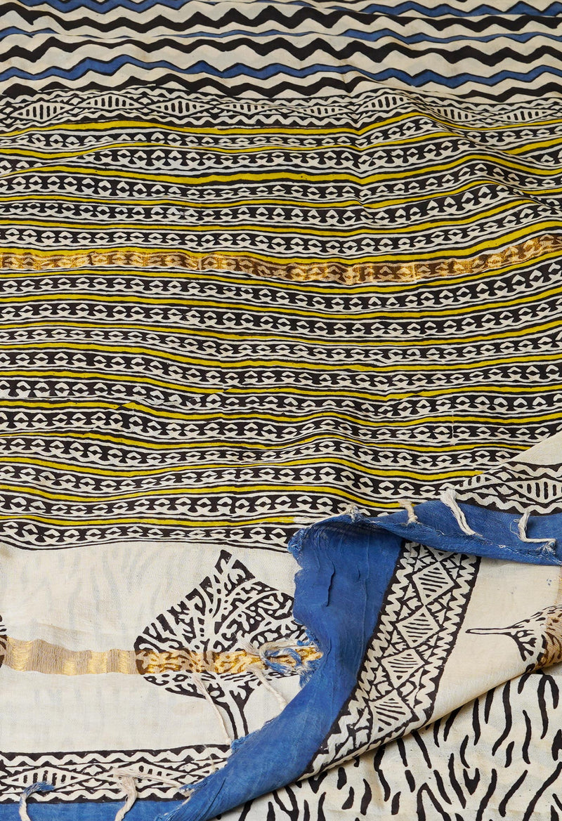 Beige Pure  Preet Bagru Printed Chanderi Soft Silk Saree-UNM70420