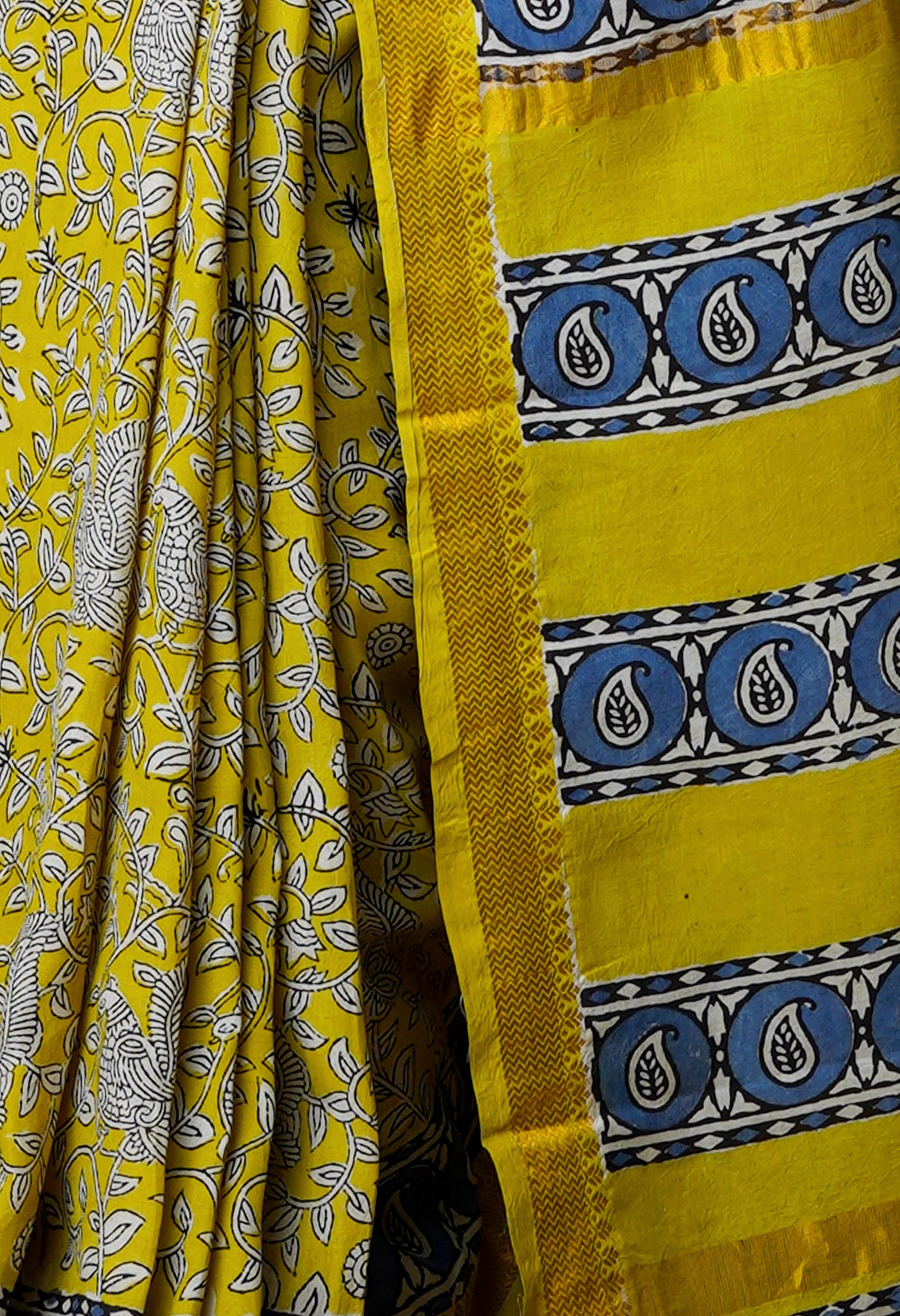Yellow Pure Preet Bagru Printed Chanderi Soft Silk Saree