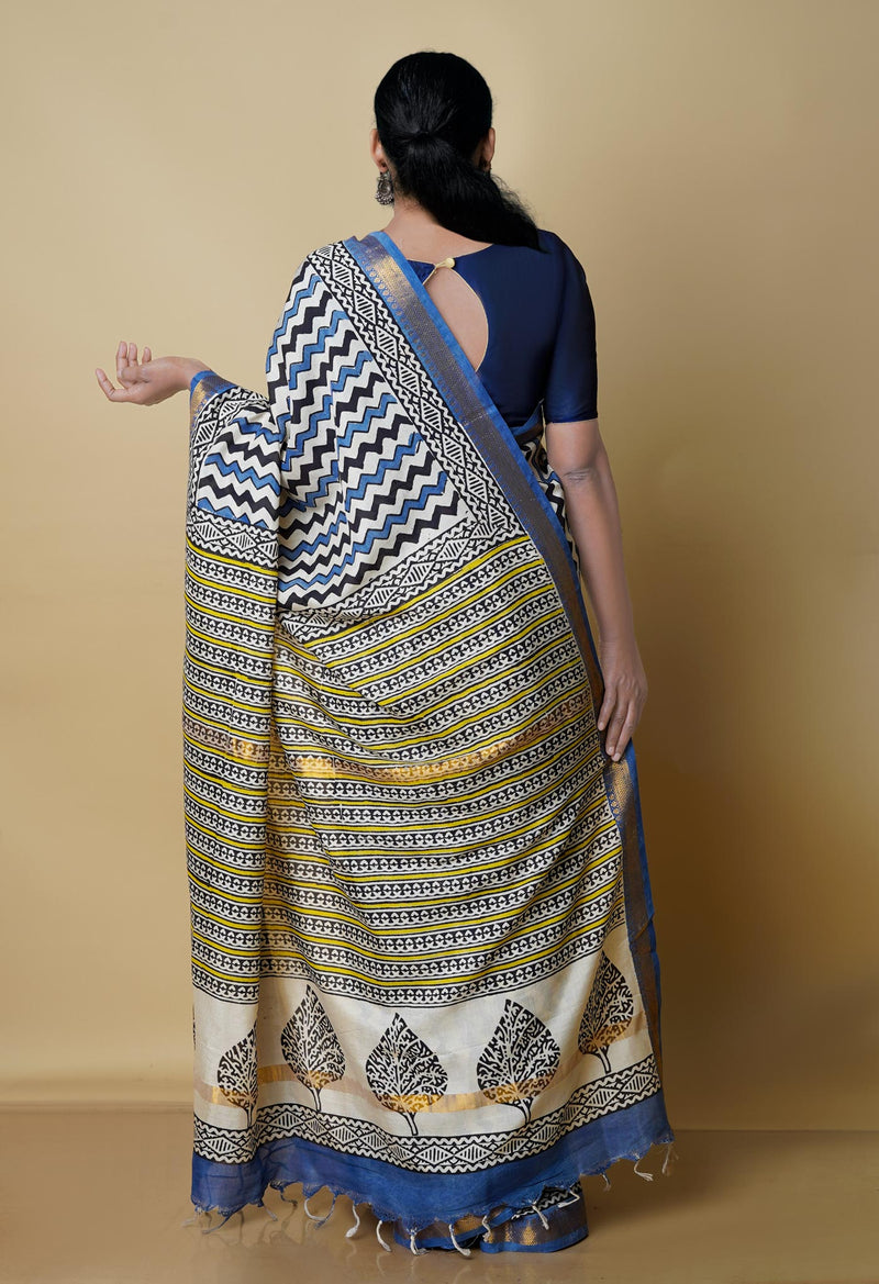 Beige Pure  Preet Bagru Printed Chanderi Soft Silk Saree-UNM70423