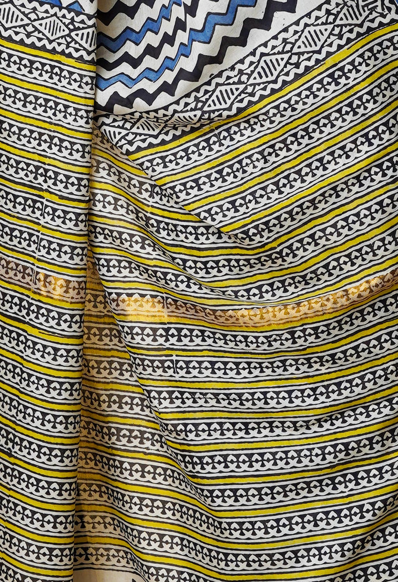 Beige Pure  Preet Bagru Printed Chanderi Soft Silk Saree-UNM70423