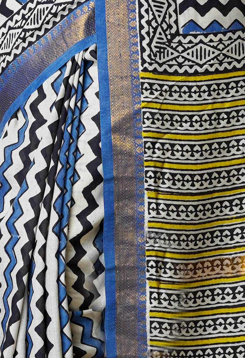Beige Pure  Preet Bagru Printed Chanderi Soft Silk Saree-UNM70423