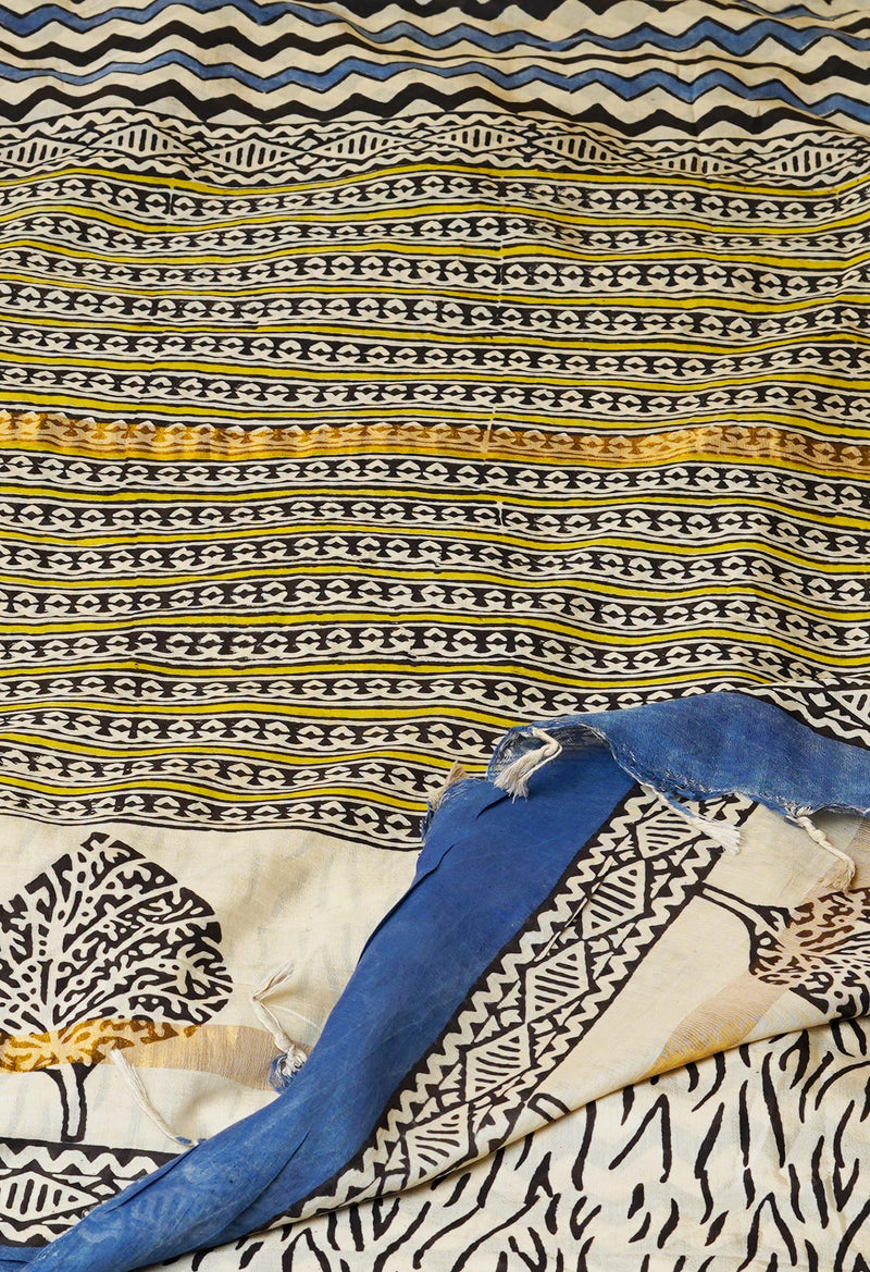 Beige Pure  Preet Bagru Printed Chanderi Soft Silk Saree-UNM70423