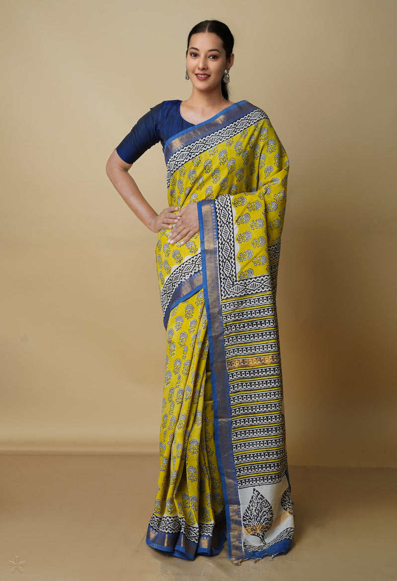 Yellow Pure  Preet Bagru Printed Chanderi Soft Silk Saree-UNM70425
