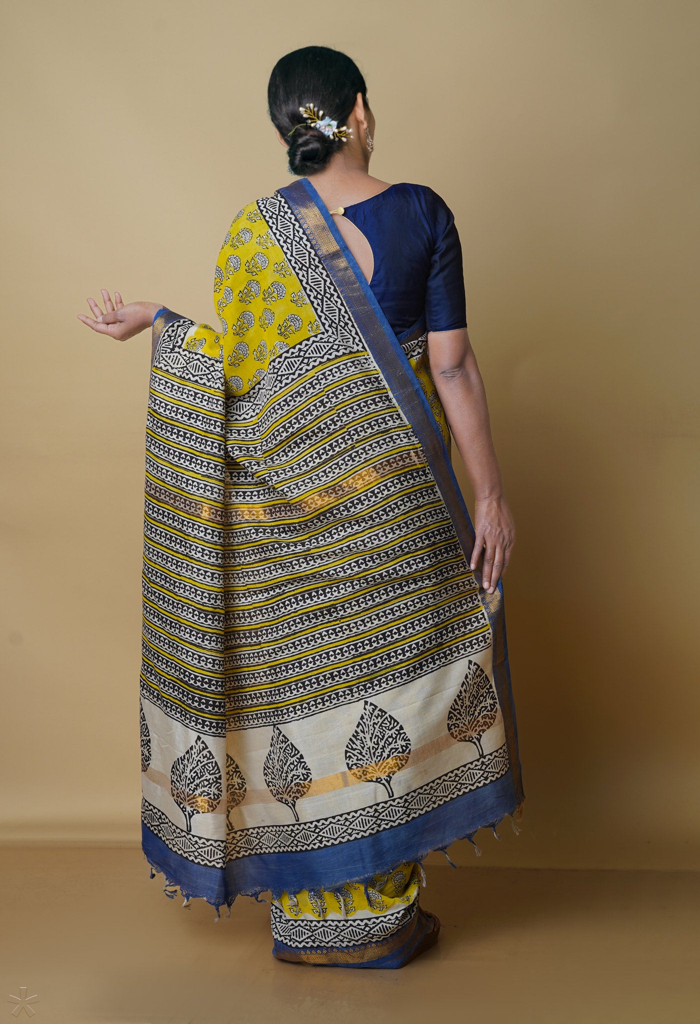 Yellow Pure  Preet Bagru Printed Chanderi Soft Silk Saree-UNM70425
