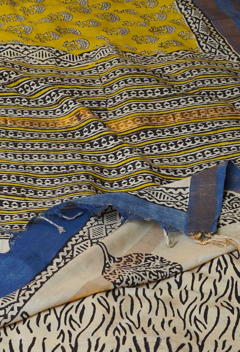Yellow Pure  Preet Bagru Printed Chanderi Soft Silk Saree-UNM70425