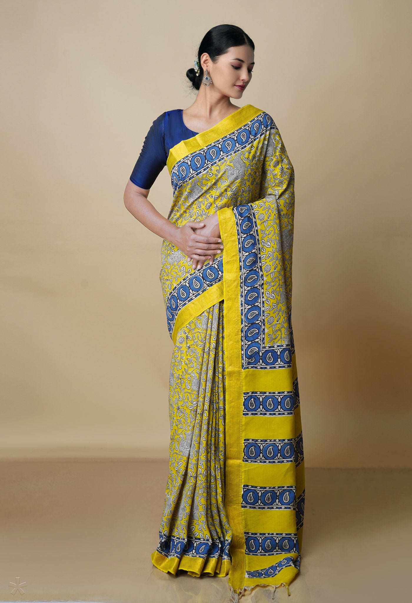 Yellow Pure  Preet Bagru Printed Chanderi Soft Silk Saree-UNM70430