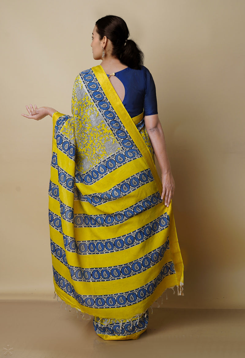 Yellow Pure  Preet Bagru Printed Chanderi Soft Silk Saree-UNM70430
