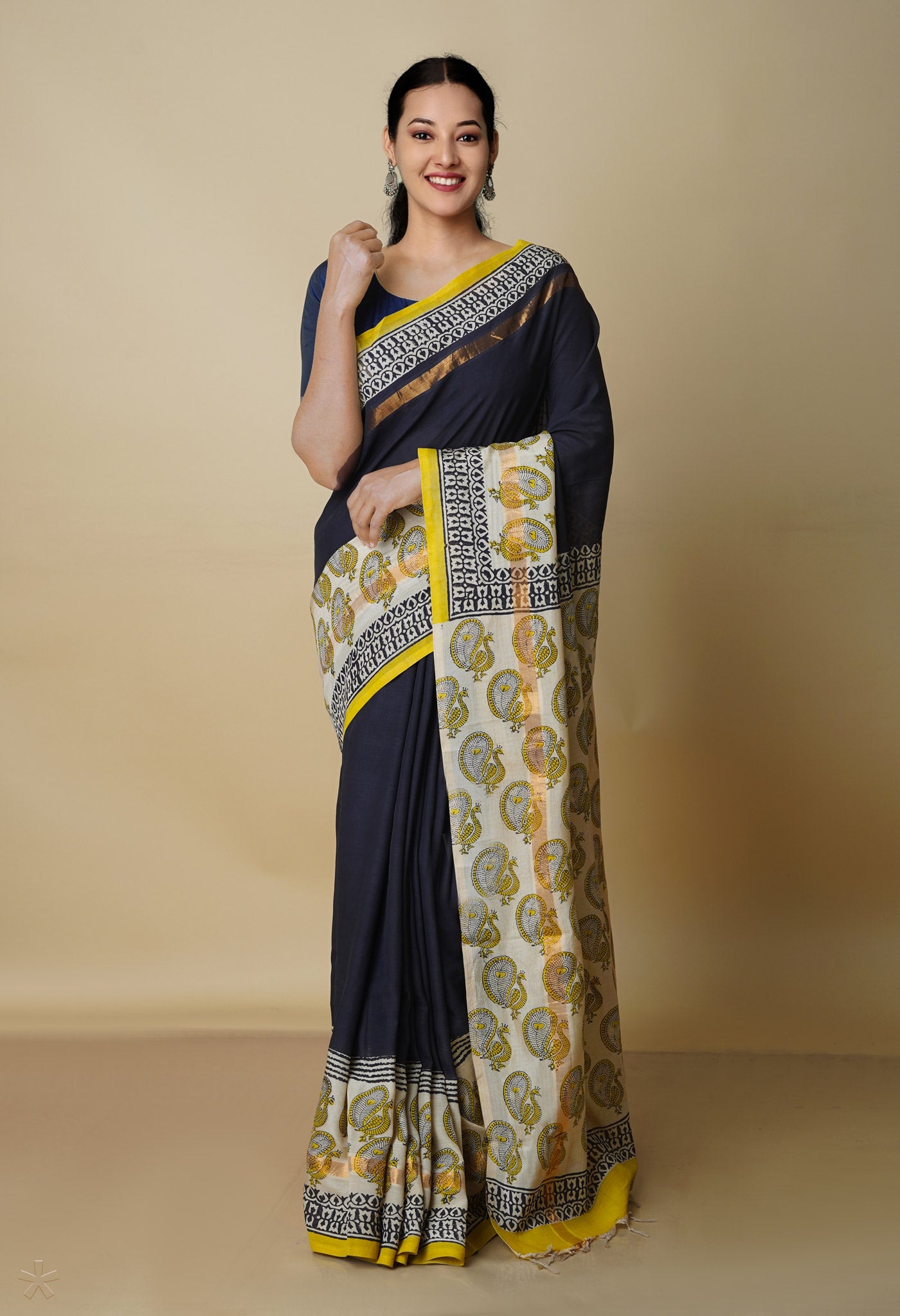 Black-Cream Pure  Preet Bagru Printed Chanderi  sico Saree-UNM70431
