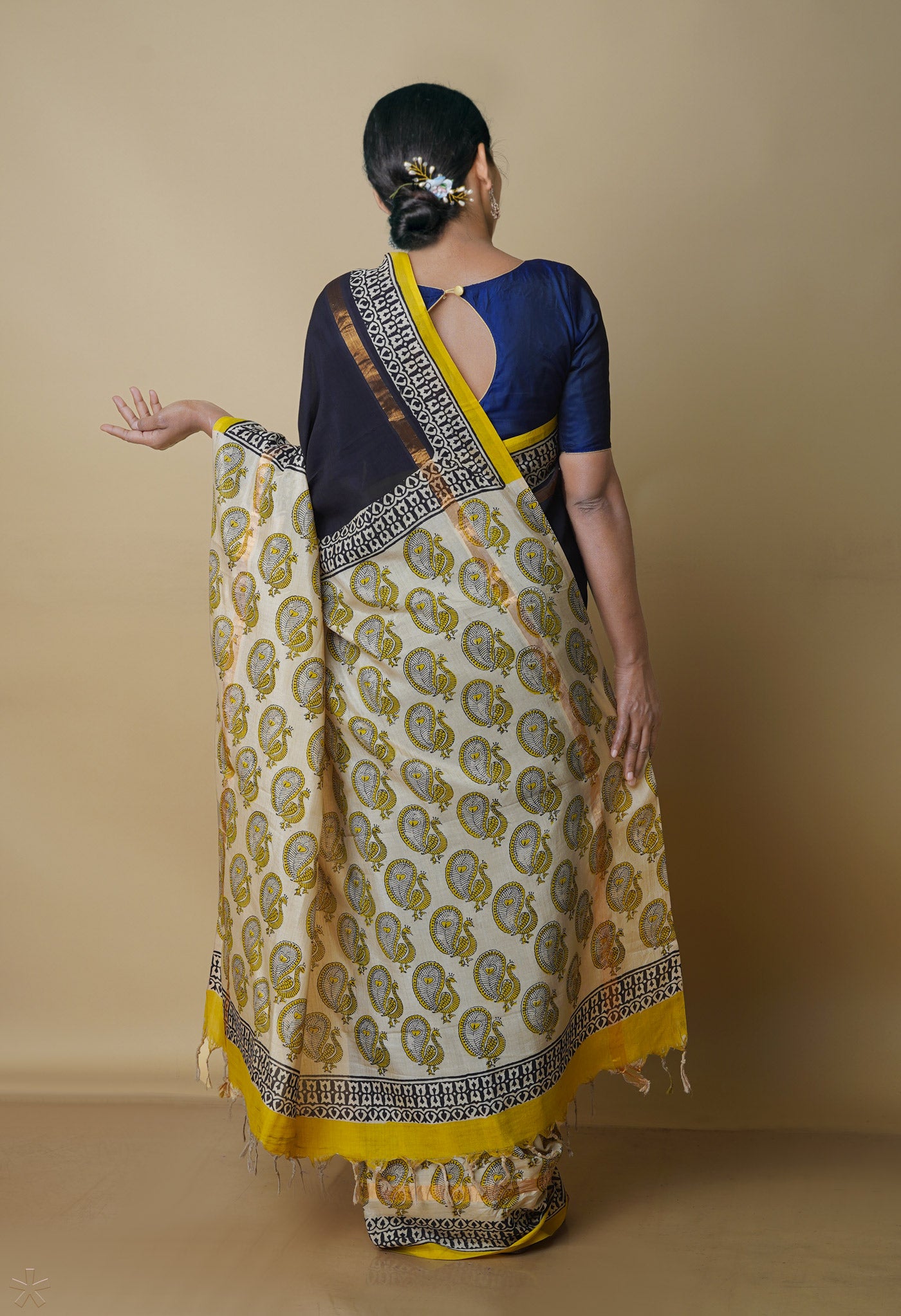 Black-Cream Pure  Preet Bagru Printed Chanderi  sico Saree-UNM70431
