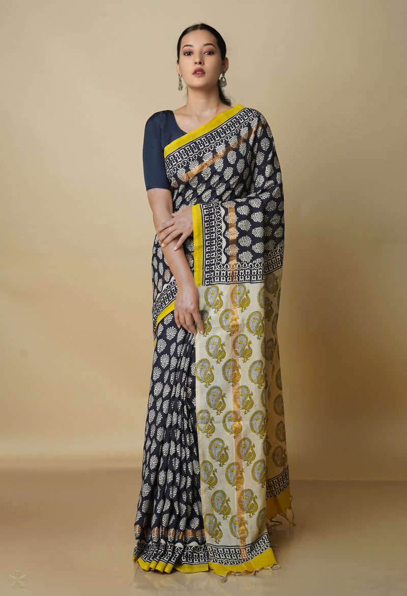 Black-Cream Pure  Preet Bagru Printed Chanderi  sico Saree-UNM70433