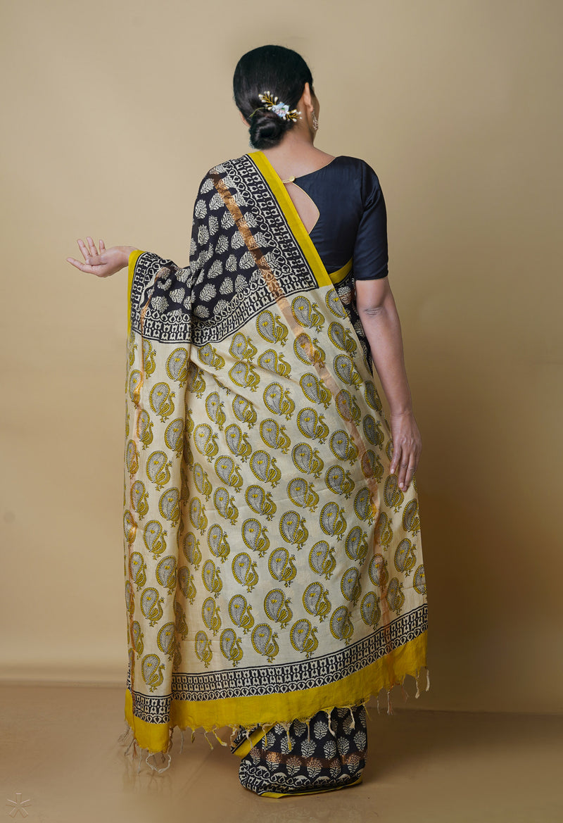 Black-Cream Pure  Preet Bagru Printed Chanderi  sico Saree-UNM70433